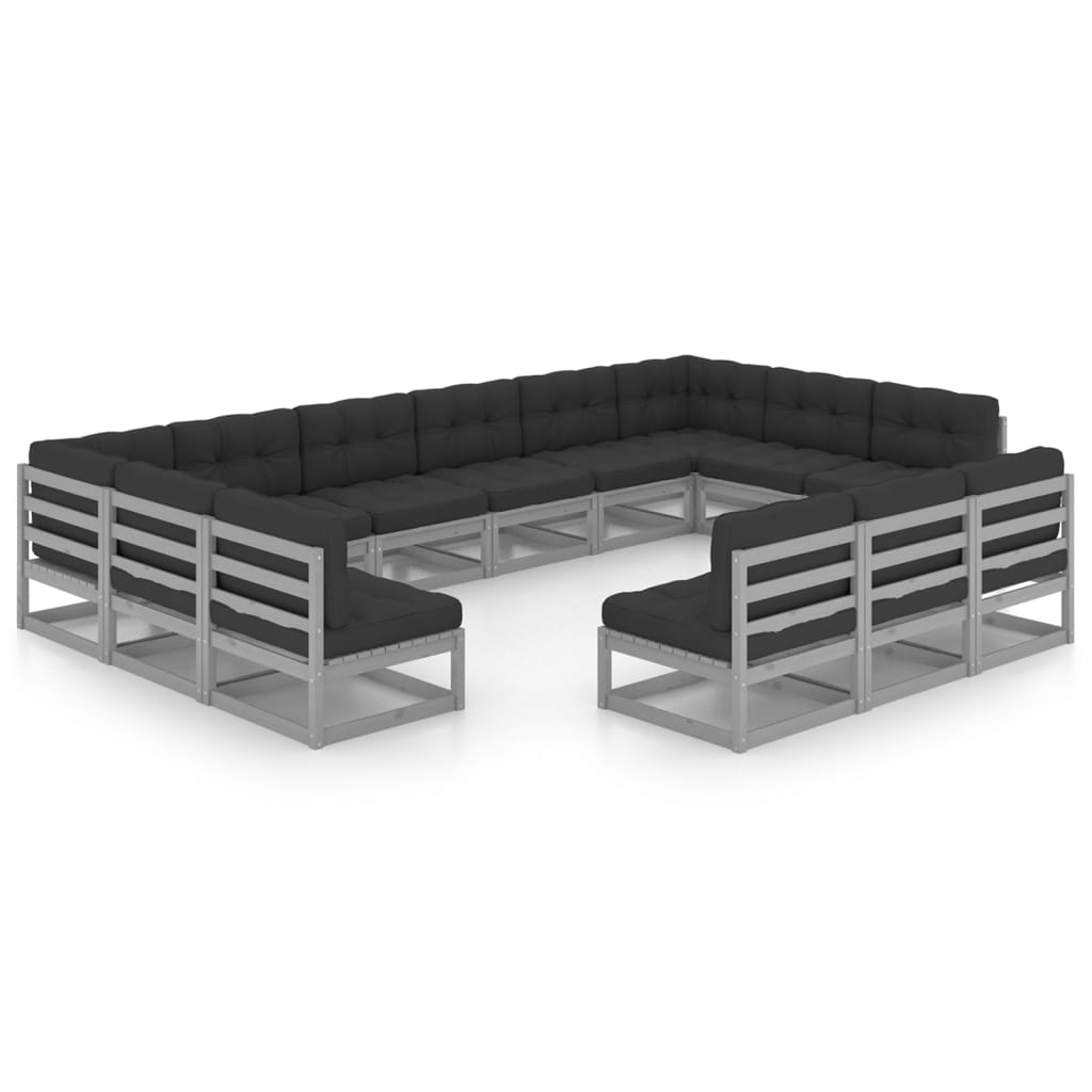 13-tlg. Garten-Lounge-Set mit Kissen Grau Kiefer Massivholz